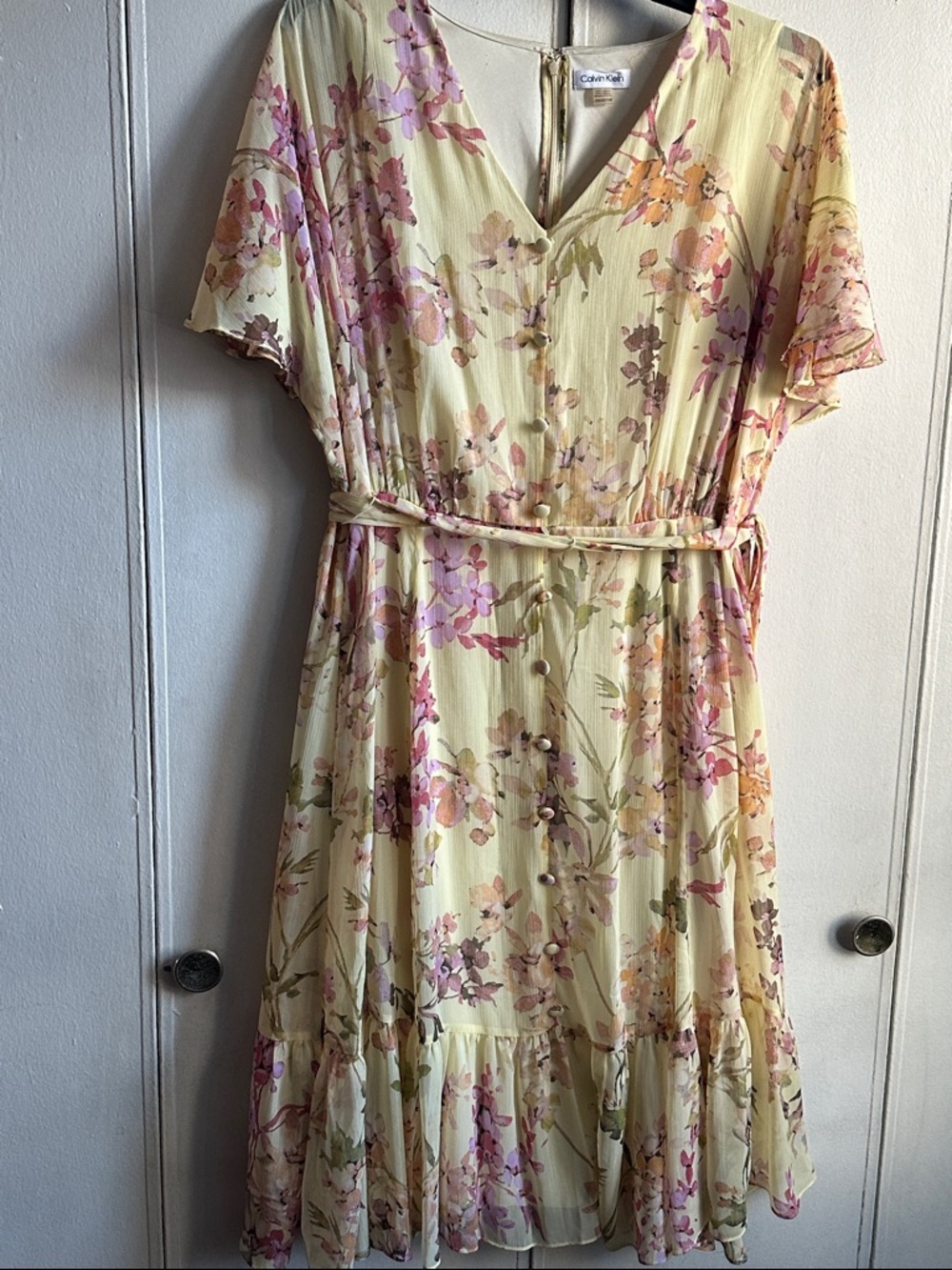 Calvin Klein Yellow Floral V-Neck Ruffle Hem Dress